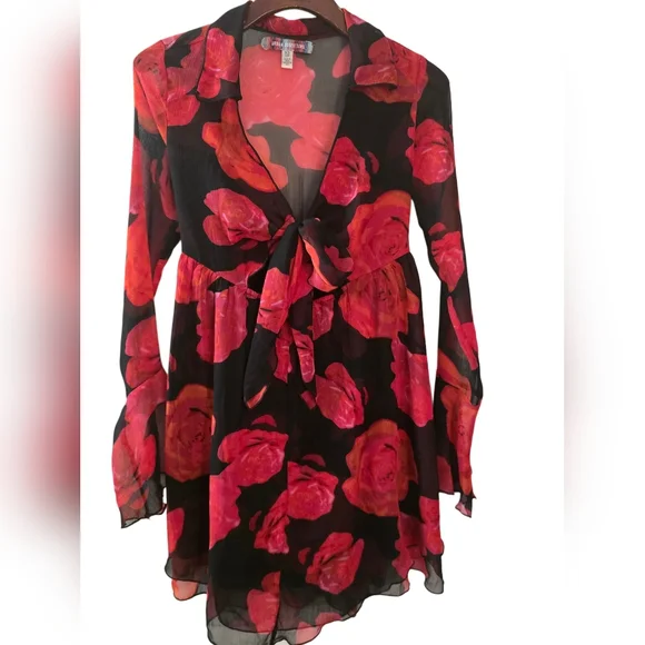 Urban Outfitter Kiki Tie-Front Roses Mini Dress Long Bell Sleeve Cutout Coquette - Picture 5 of 14